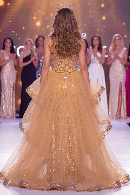 Sparkly Golden Corset Ruffled Sequin Mermaid Long Beaded Pageant Dress with Slit