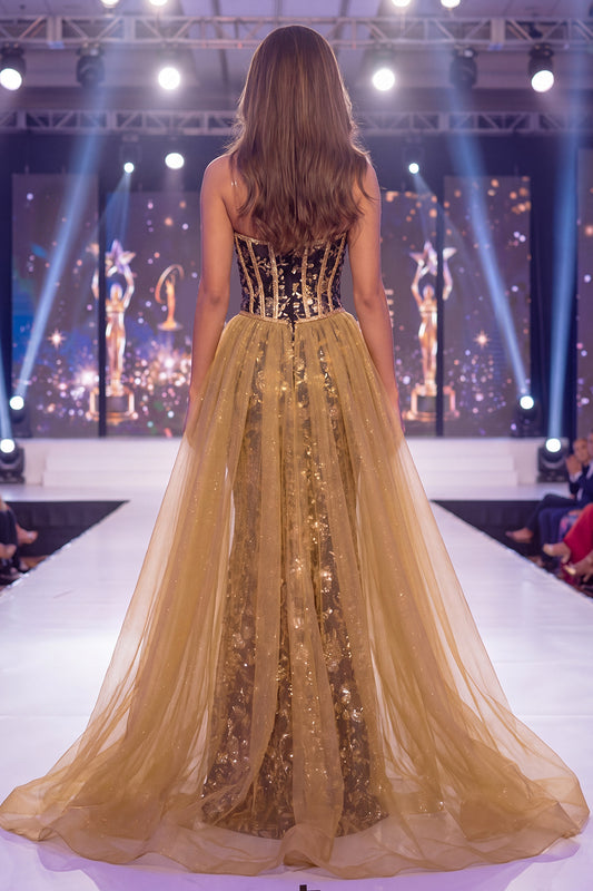 Long Sequin Sparkly Black Golden Floral Corset Mermaid Pageant Dress with Cape