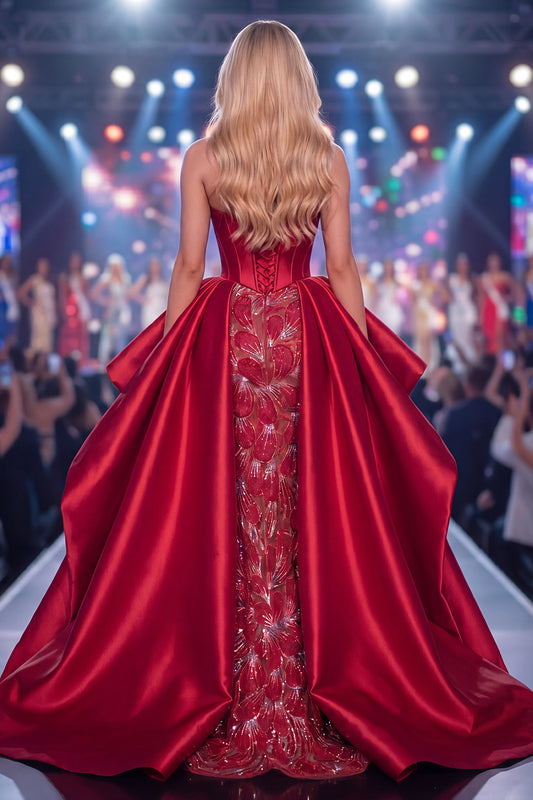 Long Beaded Ruffled Corset Sparkly Burgundy Mermaid Pageant Dress with Slit