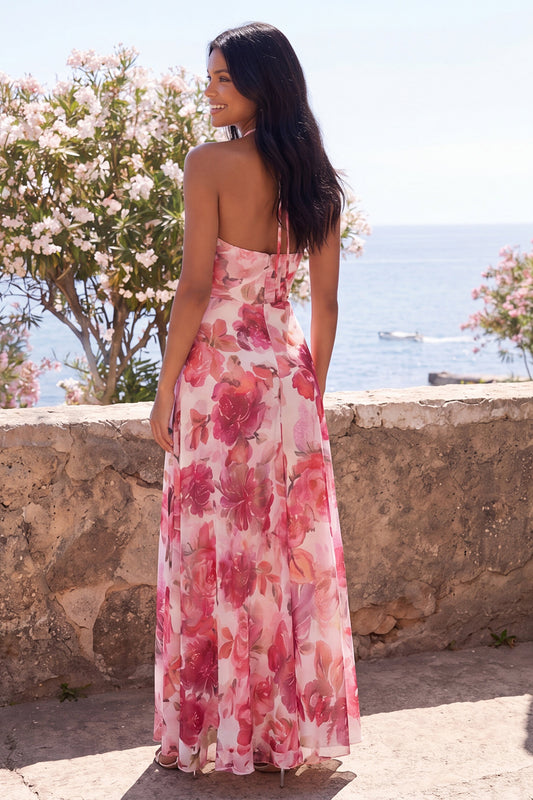 Floral Pink Halter Maxi A Line Beach Wedding Guest Dress with Slit