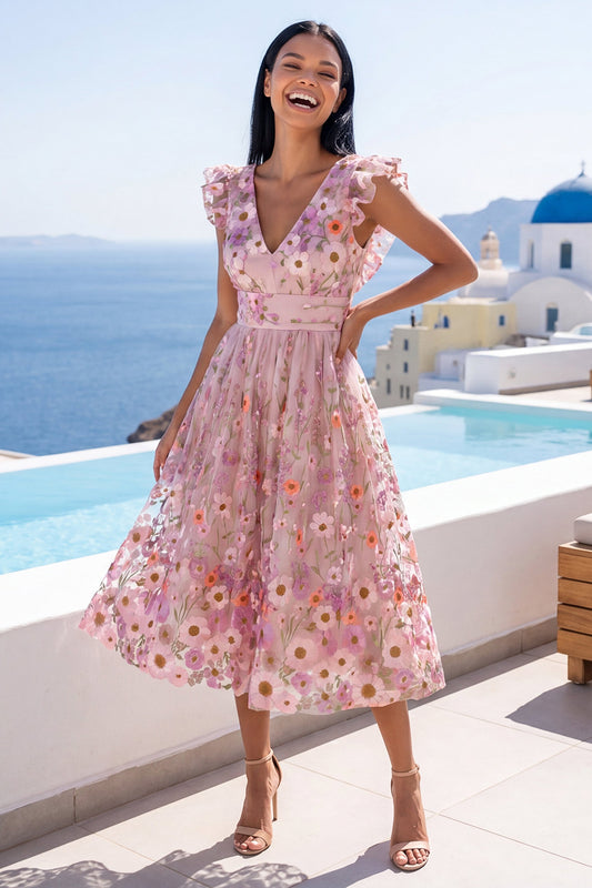 Floral Pink A Line V-Neck Maxi Wedding Guest Dress with Ruffles