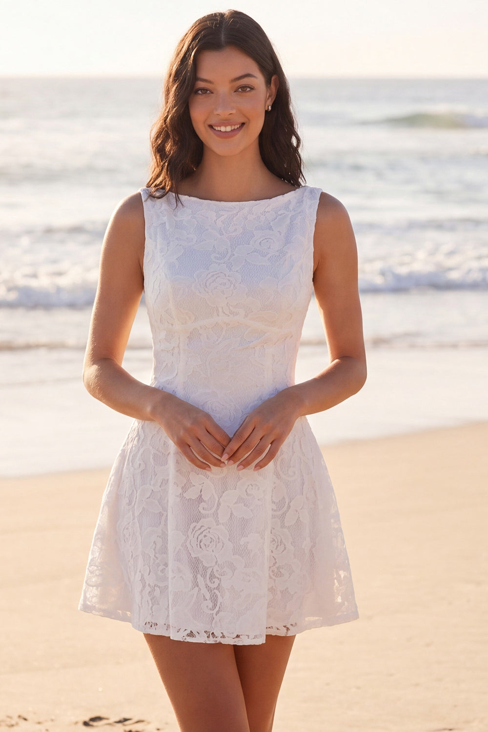 Zapakasa Women Ivory Short Lace Floral Boho Wedding Dress Boat Neck A Line  Engagement Dress