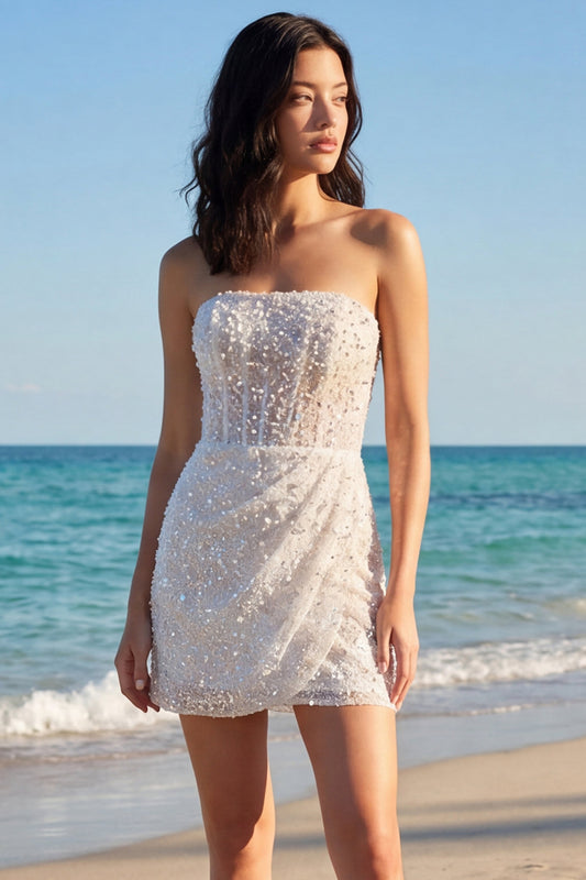 Sparkly Ivory Corset Strapless Beaded Tight Short Wedding Dress