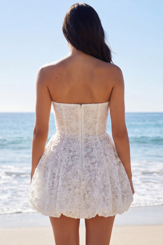 Floral Short Strapless A Line Lace Ivory Wedding Dress