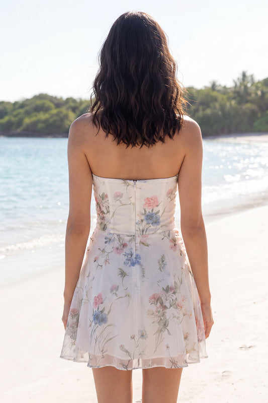 Cut Out Strapless Floral A Line Short Ivory Beach Wedding Dress