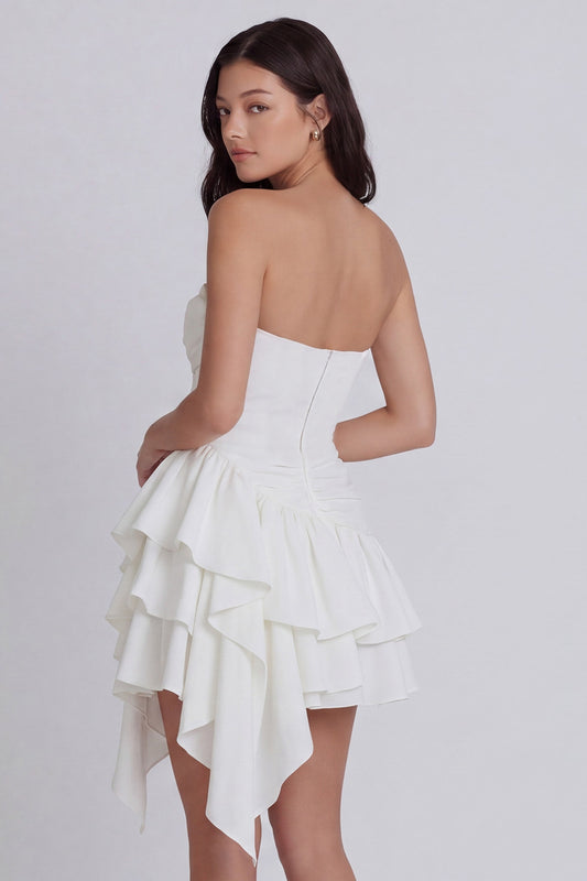 Ruched Strapless A Line Short Ivory Beach Wedding Dress with Ruffles