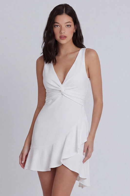V-Neck Ruched Short Ivory Graduation Dress with Ruffles