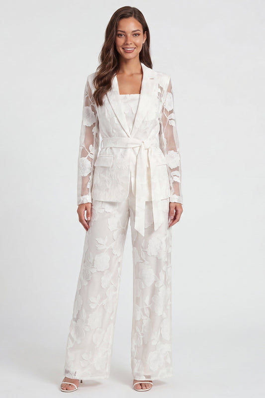 Floral 2 Piece Ivory Notched Lapel Long Sleeves Lace Business Suits