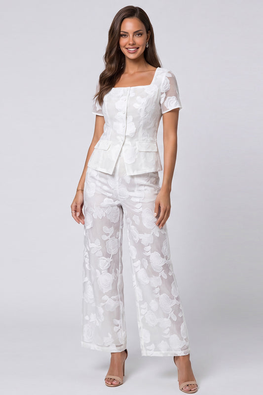 Square Neck Floral 2 Piece Ivory Single Breasted Lace Business Suits