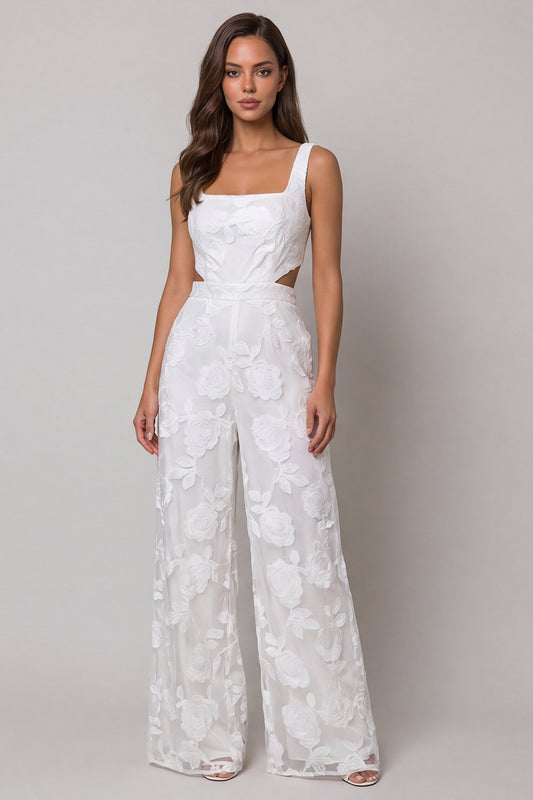 Square Neck Floral Ivory Cut Out Wide Leg Lace Work Jumpsuits