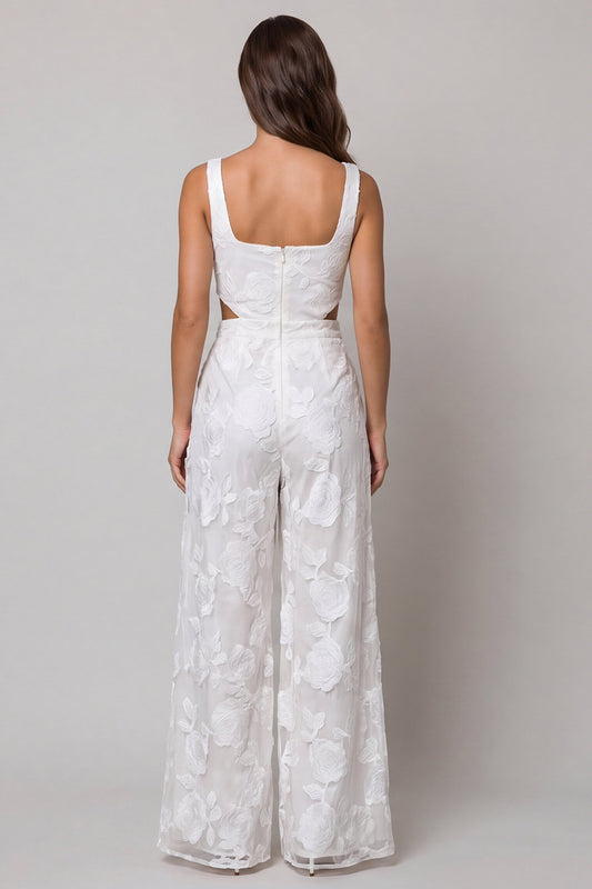 Square Neck Floral Ivory Cut Out Wide Leg Lace Work Jumpsuits