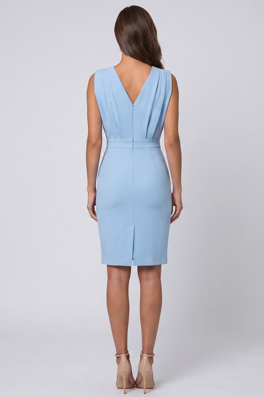 Sky Blue V-Neck Ruched Pencil Short Work Dress
