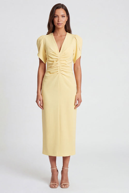 Light Yellow V-Neck Ruched Pencil Long Work Dress