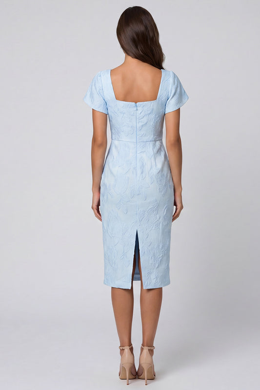 Sky Blue Square Neck Jacquard Midi Work Dress with Back Slit