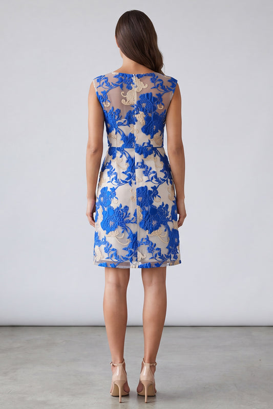 Blue Square Neck Short Floral Work Dress