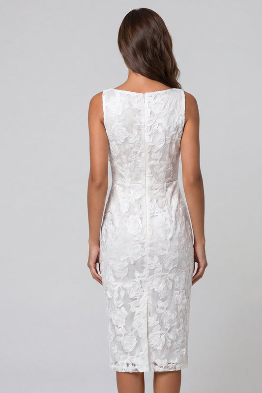Ivory Boat Neck Floral Lace Ruched Pencil Midi Work Dress