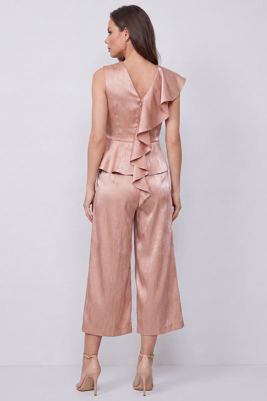 Dusty Rose 2 Piece V-Neck Wide Leg Business Suits with Ruffles