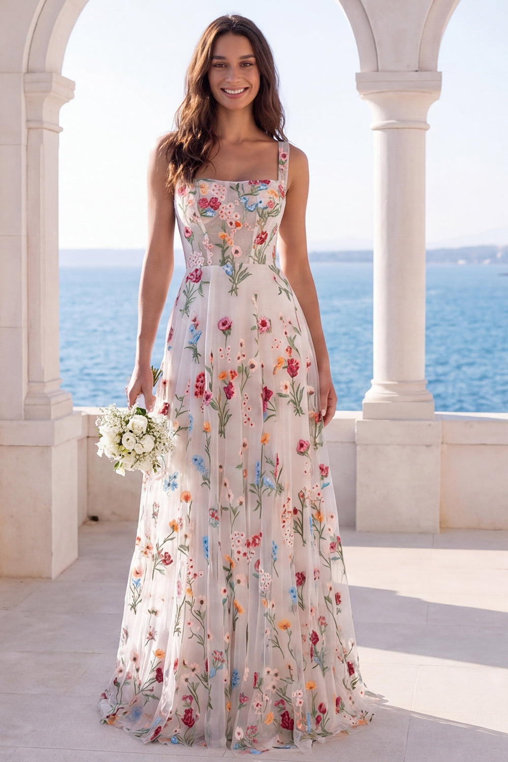 Zapakasa Women Floral Ivory Corset Sweep Train Boho Wedding Dress A Line  Thick Straps Bridal Dress