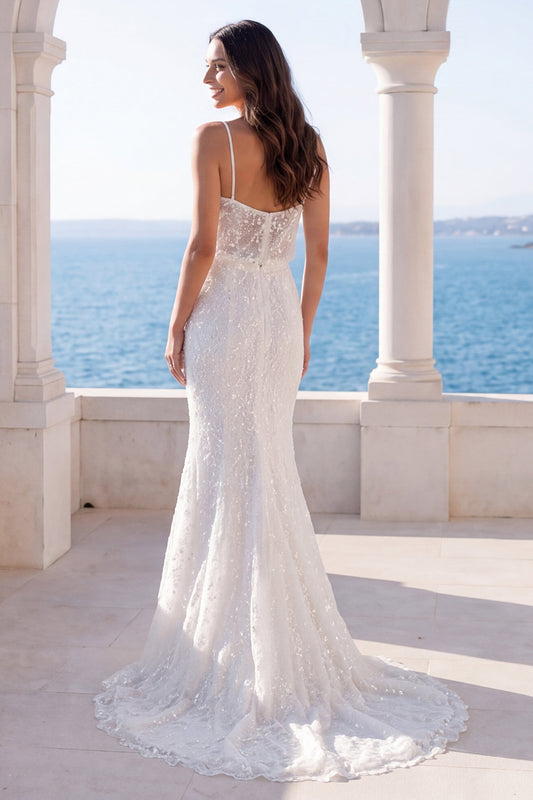 Spaghetti Straps Sparkly Ivory Sequin Mermaid Sweep Train Wedding Dress