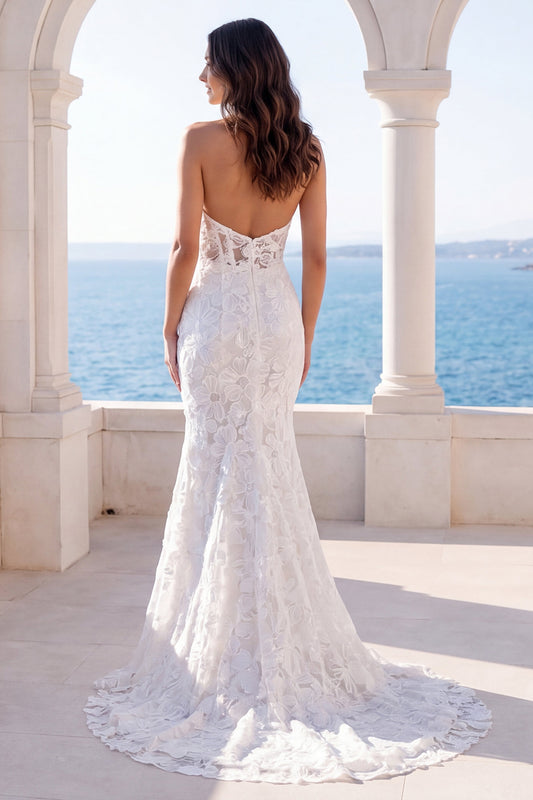 Mermaid Ivory Halter Backless Floral Lace Sweep Train Wedding Dress