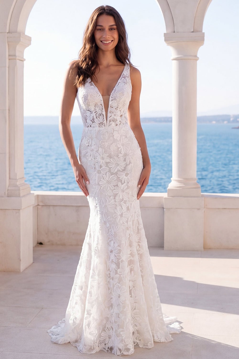 Zapakasa Women Floral Ivory Lace Sweep Train Boho Wedding Dress Mermaid V-Neck  Bridal Dress