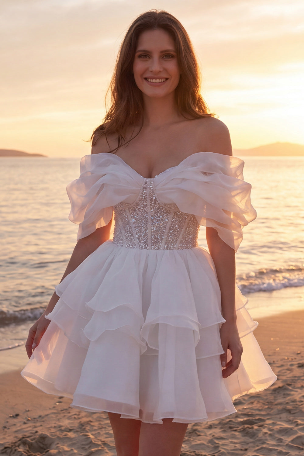 ZAPAKASA Women Short Sparkly Ivory Corset Wedding Dress with Ruffles Off  the Shoulder Beaded Bachelorette Dress