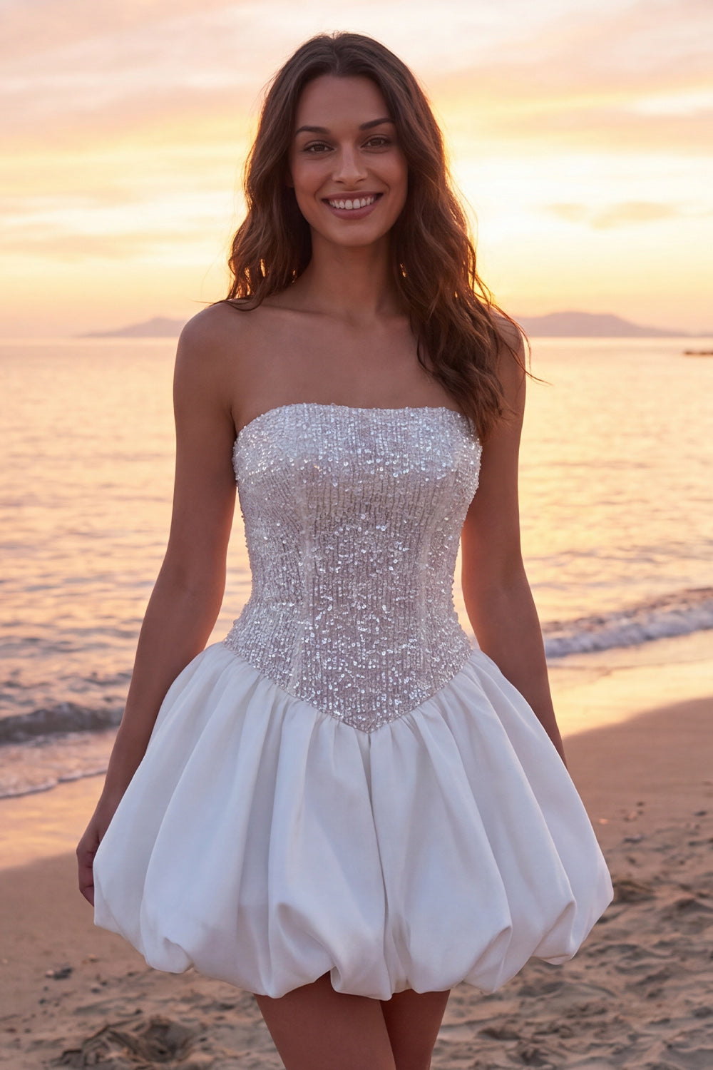 ZAPAKASA Women Short Sparkly Ivory Corset Graduation Dress with Sequins Strapless A Line Bachelorette Dress