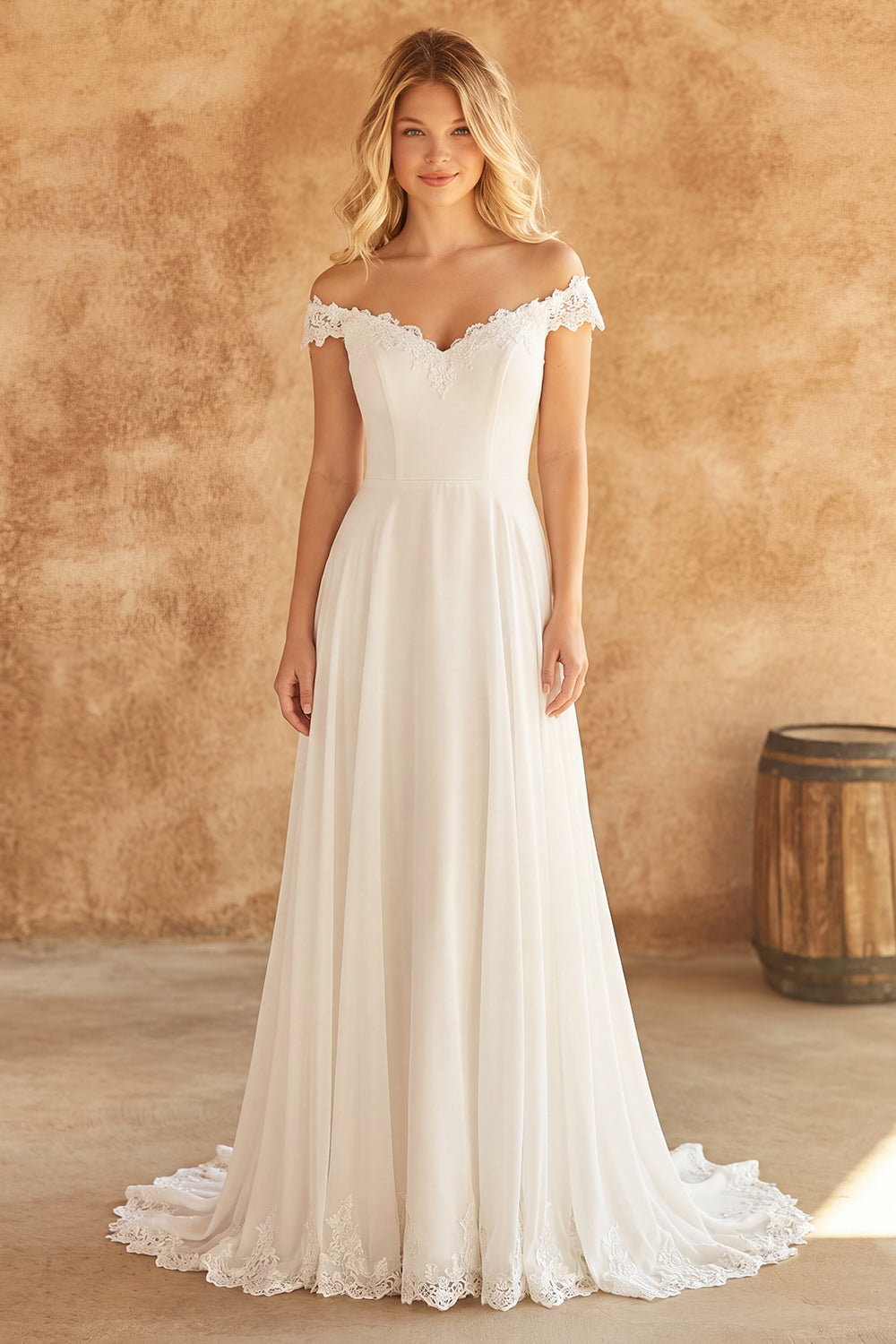 Zapakasa Women Ivory Sweep Train Beach Wedding Dress with Lace A Line Off  the Shoulder Bridal Dress