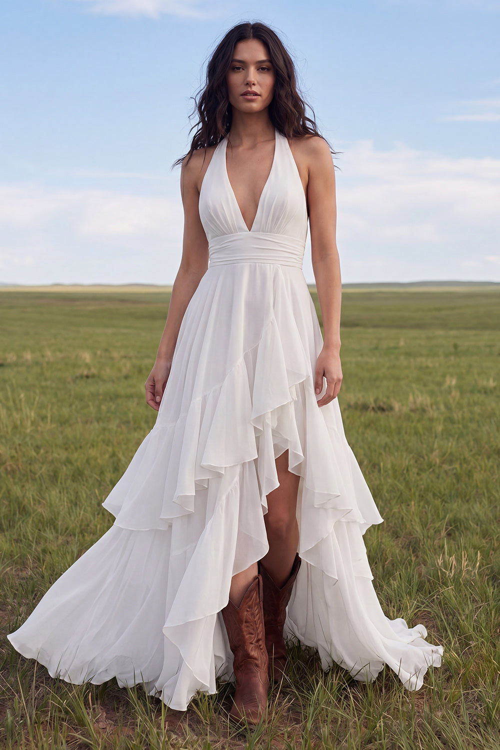 Zapakasa Women Ivory Sweep Train Ruffled Beach Wedding Dress with Slit A Line Halter Backless Bridal Dress Zapakasa Women Ivory Sweep Train Ruffled Beach Wedding Dress with Slit A Line Halter Backless Bridal Dress