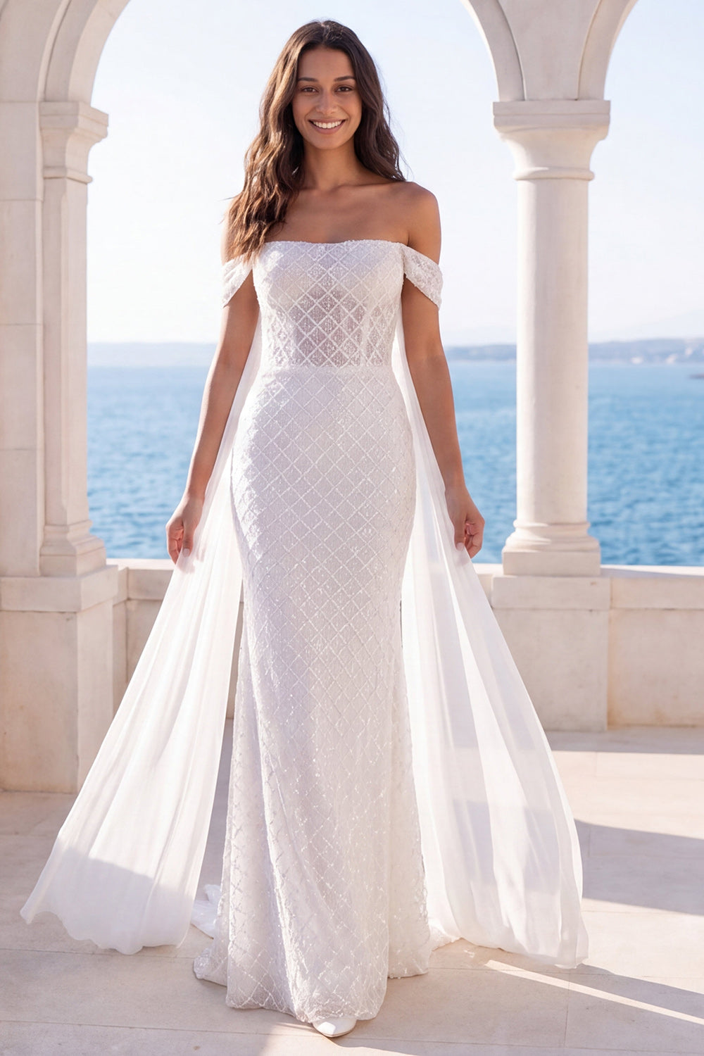 Zapakasa Women Sparkly Ivory Sweep Train Wedding Dress with Cape Beaded  Mermaid Off the Shoulder Bridal Dress