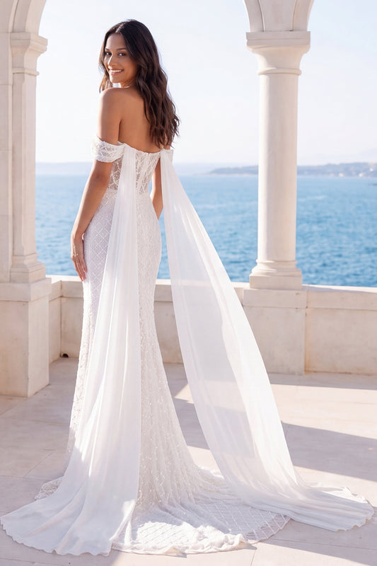 Mermaid Sweep Train Sparkly Ivory Beaded Wedding Dress with Cape