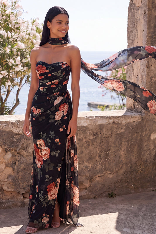 Black Strapless Ruched Floral Mermaid Long Formal Dress with Slit