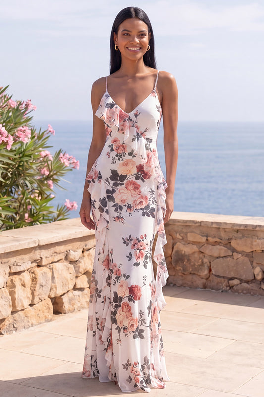 Ivory V-Neck Floral Mermaid Long Formal Dress with Ruffles