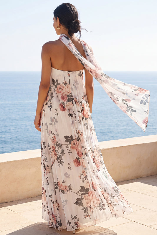 Strapless Ivory Floral A Line Long Formal Dress
