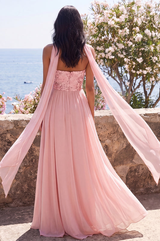 Pink Strapless Floral A Line Long Formal Dress with Slit
