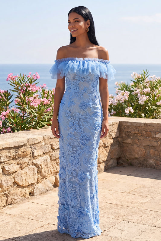 Blue Off the Shoulder Floral Mermaid Long Formal Dress with Ruffles