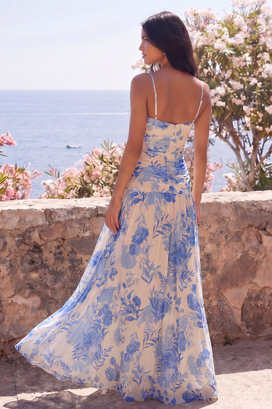 Blue Flower A Line V-Neck Long Formal Dress