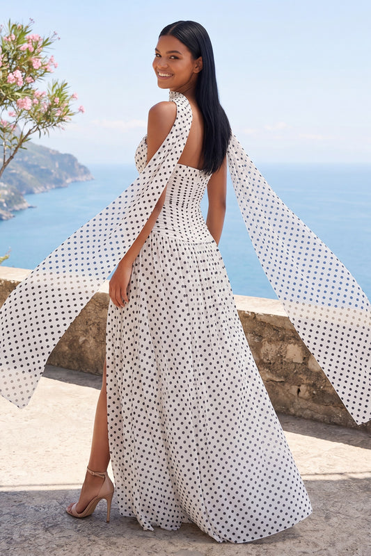 White and Black Polka Dots Strapless A Line Long Formal Dress with Slit