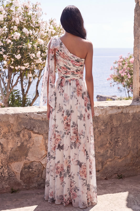 Ruched One Shoulder Ivory Floral A Line Long Formal Dress with Slit