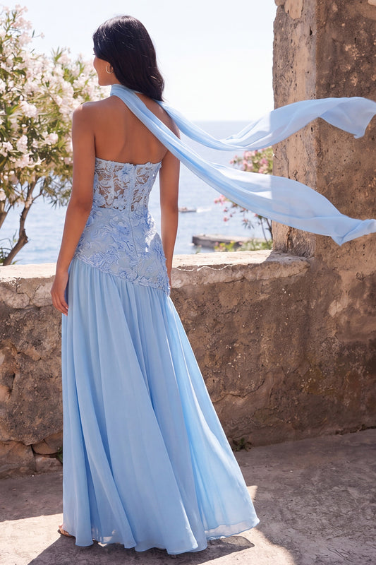 Blue Strapless Floral A Line Long Formal Dress with Slit
