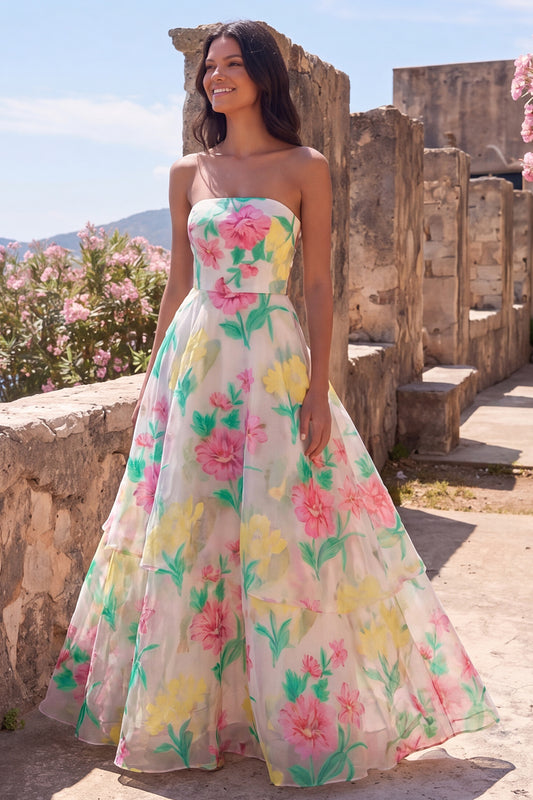 Daffodil Pink Flower A Line Strapless Long Formal Dress