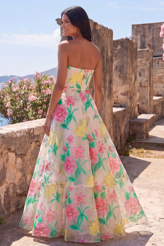 Daffodil Pink Flower A Line Strapless Long Formal Dress