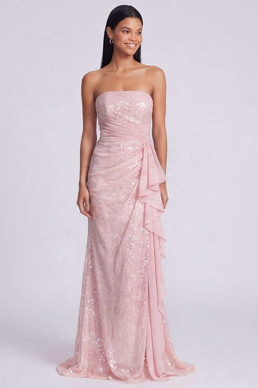 Sparkly Light Pink Strapless Ruched Mermaid Sequins Long Formal Dress with Ruffles