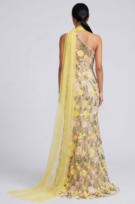Butter Yellow One Shoulder Floral Embroidered Mermaid Long Formal Dress