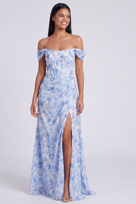 Light Blue Floral Ruched Corset Mermaid Long Formal Dress with Slit