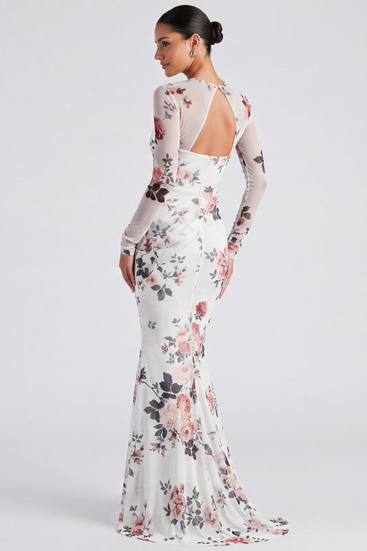 Ivory Bateau Neck Floral Mermaid Long Sleeves Formal Dress