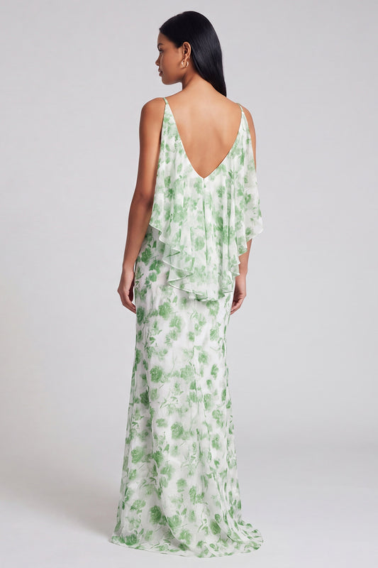 Light Green Floral V-Neck Mermaid Long Formal Dress with Ruffles