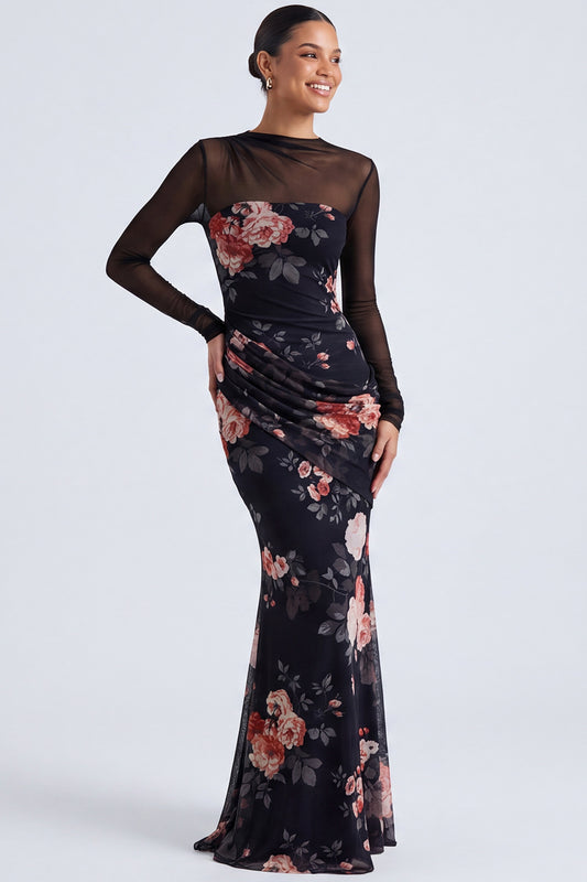 Black Round Neck Floral Ruched Mermaid Long Sleeves Formal Dress