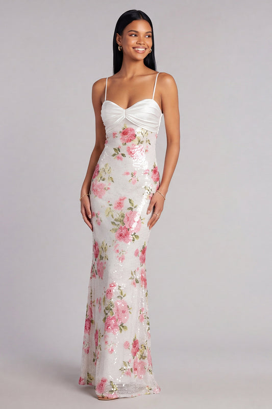 Ivory Spaghetti Straps Sequins Floral Mermaid Long Formal Dress