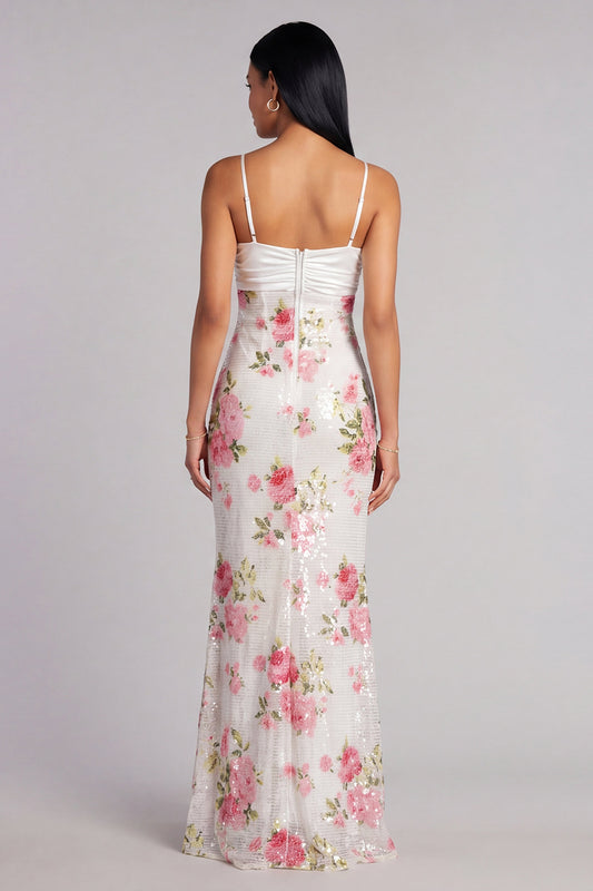 Ivory Spaghetti Straps Sequins Floral Mermaid Long Formal Dress